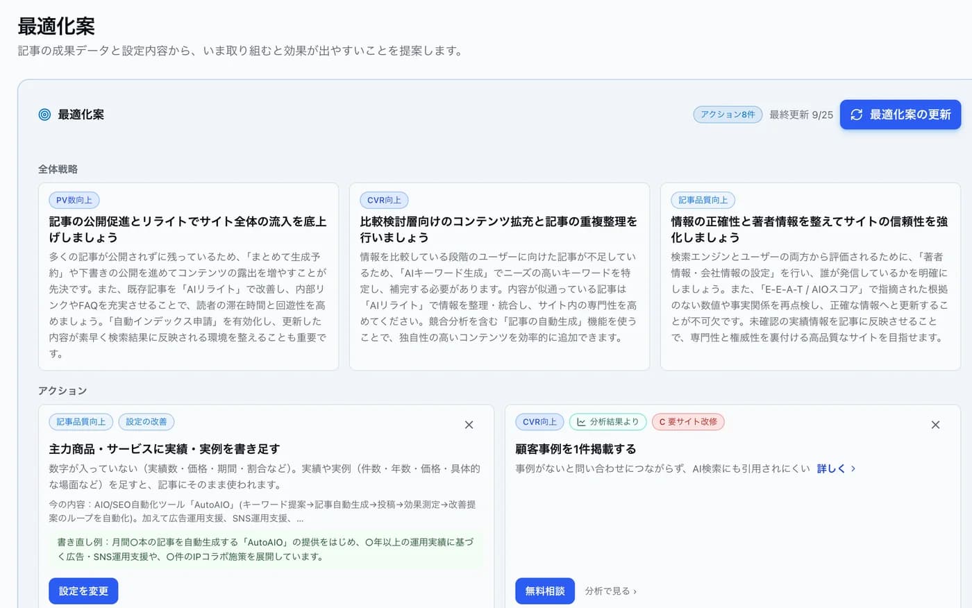AutoAIOの最適化案画面。次に取り組むと効果が出やすい施策の一覧